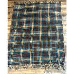 Vintage Woolrich Home Chenille Plaid Fringe Blanket Throw 49" x 69" Brown Blue